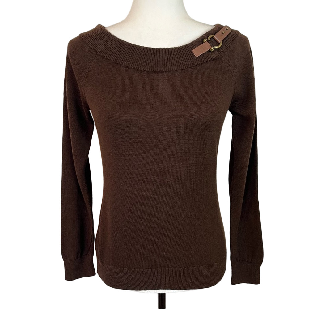 Lauren Ralph Lauren Chocolate Brown Buckle Boatneck Sweater S Preppy Academia
